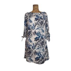 VALENTINA NALDI Blue/Ivory 100% Linen Floral Off-the-Shoulders Shift Dress Sz M